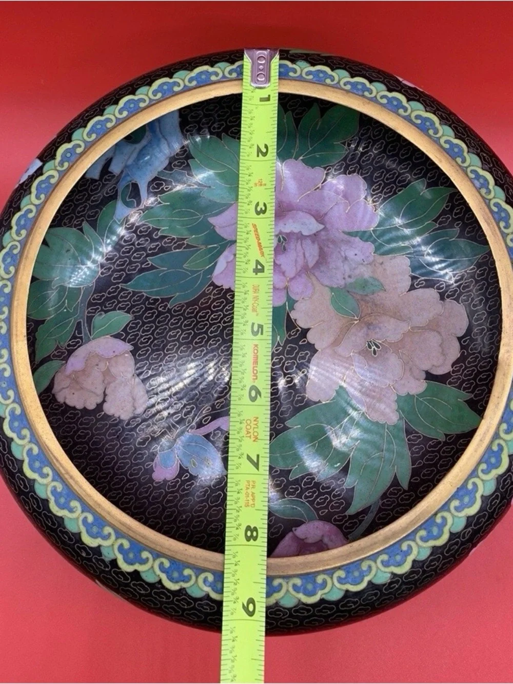 Vintage Chinese Cloisonné Champlevé Floral Bowl With Wooden Stand Beautiful 9”